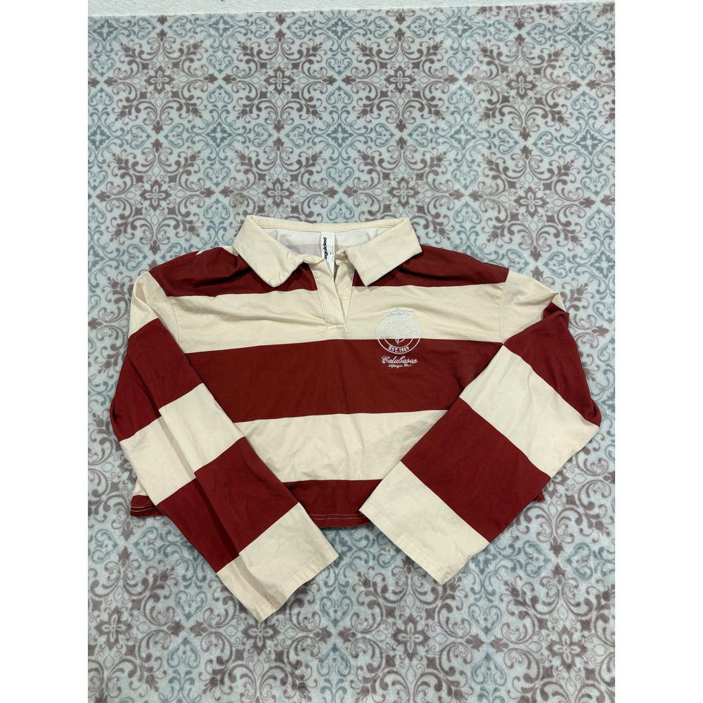 Missguided Calabasas California Rugby Shirt Red Cream Striped Cropped Polo M